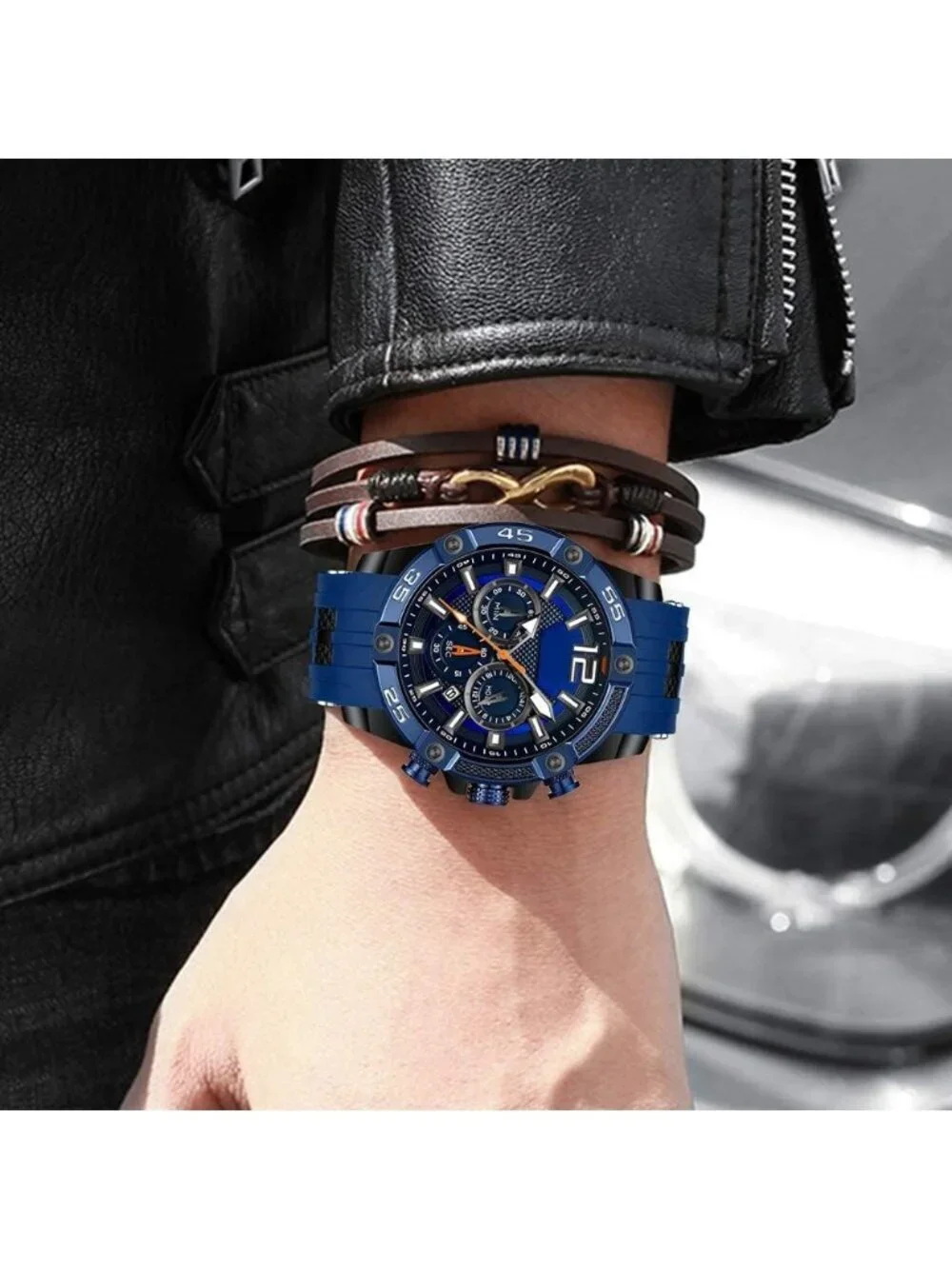 Men's Blue And Black Analog Quartz Waterproof Chronograph Stylish Casual Watch